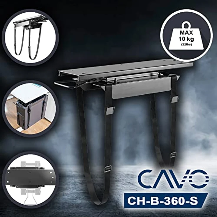 CAVO Desktop PC-Halterung CH-B-360-S, schwarz, ausziehbar und drehbar um 360°, für PC-Größen bis 10 kg, reißfeste Gurte von SOTECH – Bild 2