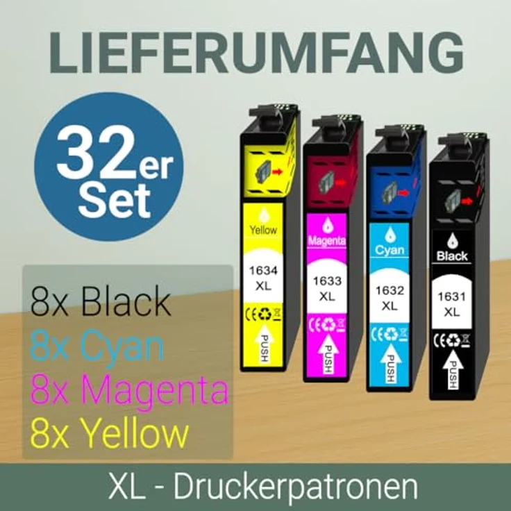 Druckerparadies 32er Multipack für Epson 16XL Tintenpatronen Set Tintenpatrone (32-tlg., WF2010 WF2510 WF2520 WF2530 WF2540 WF2630 WF2650 WF2660 WF2750 WF2760) - Hochkapazitätsfarben Schwarz, Cyan, Magenta, Gelb – Bild 3