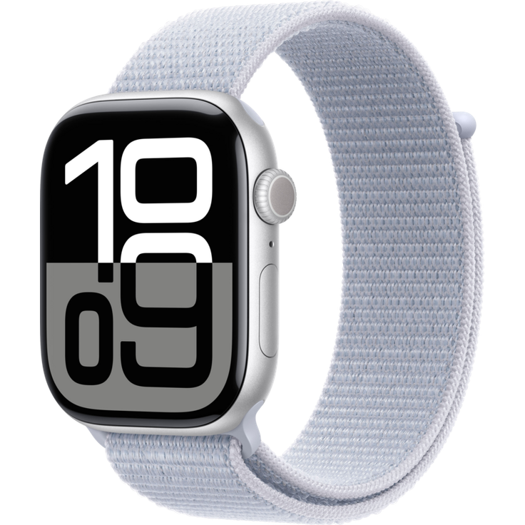 Apple Watch Series 10, 46 mm, GPS, Aluminiumgehäuse Silber, Sport Loop Blaue Wolke, One size – Bild 1