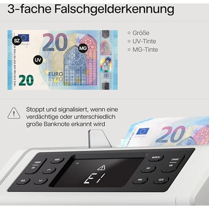 Safescan 2250 Geldzählmaschine, Banknotenzähler mit 3-facher Echtheitsprüfung, zählt sortierte Banknoten aller Währungen – Bild 4