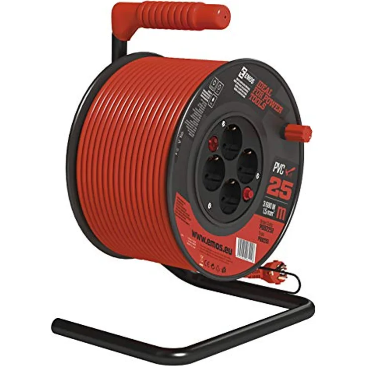 EMOS P092251 Kabeltrommel für Innen, 25 m mit 4 Steckdosen und Schalter, 1,5 mm Schuko, Indoor Trommel, Schutzklasse IP 20, 3680 W