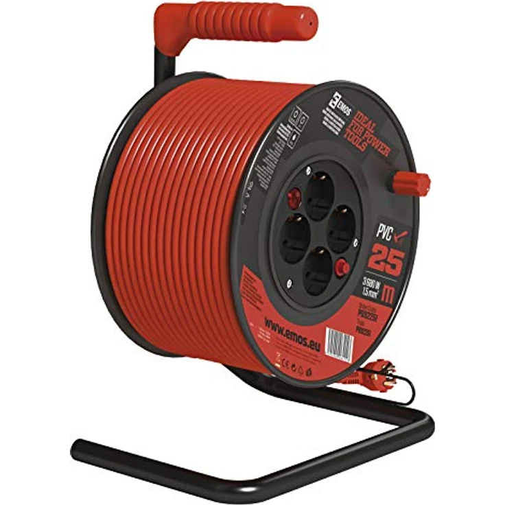 EMOS P092251 Kabeltrommel für Innen, 25 m mit 4 Steckdosen und Schalter, 1,5 mm Schuko, Indoor Trommel, Schutzklasse IP 20, 3680 W – Bild 1