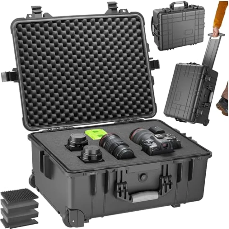 tectake Transportkoffer leer mit Schaumstoff, Universalkoffer mit Rollen, wasserdichter Trolley, Outdoor geeignet, stoßfest, Kamera Zubehör 45 x 26 x 58 cm – Bild 1