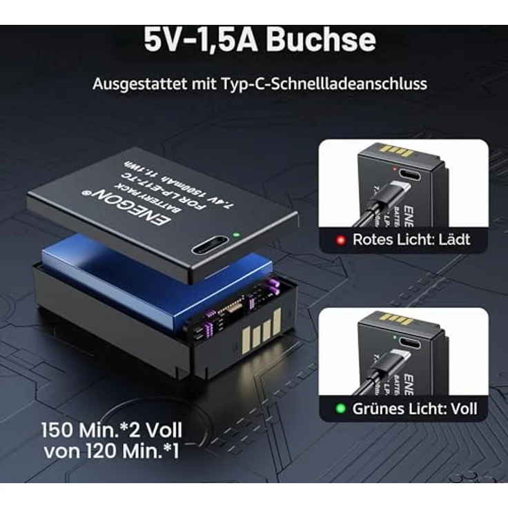 ENEGON LP-E17 Typ C Ladegerät, 2x 1500 mAh Akku für Canon Rebel SL2, T6i, T7i, EOS R10, R8, RP, M3, M5, M6, 200D, 250D, 77D, 750D, 800D, mit Schutzfunktionen – Bild 5
