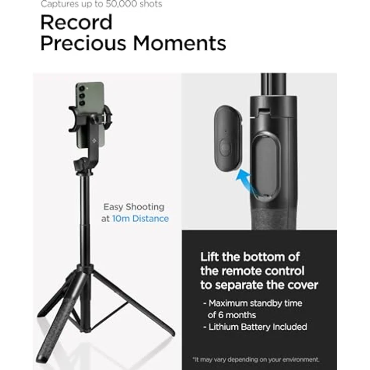 Spigen S560W, Bluetooth Selfie Stick Tripod mit 190° beweglichem Kopf, 360° drehbarem Griff, Schwarz – Bild 5