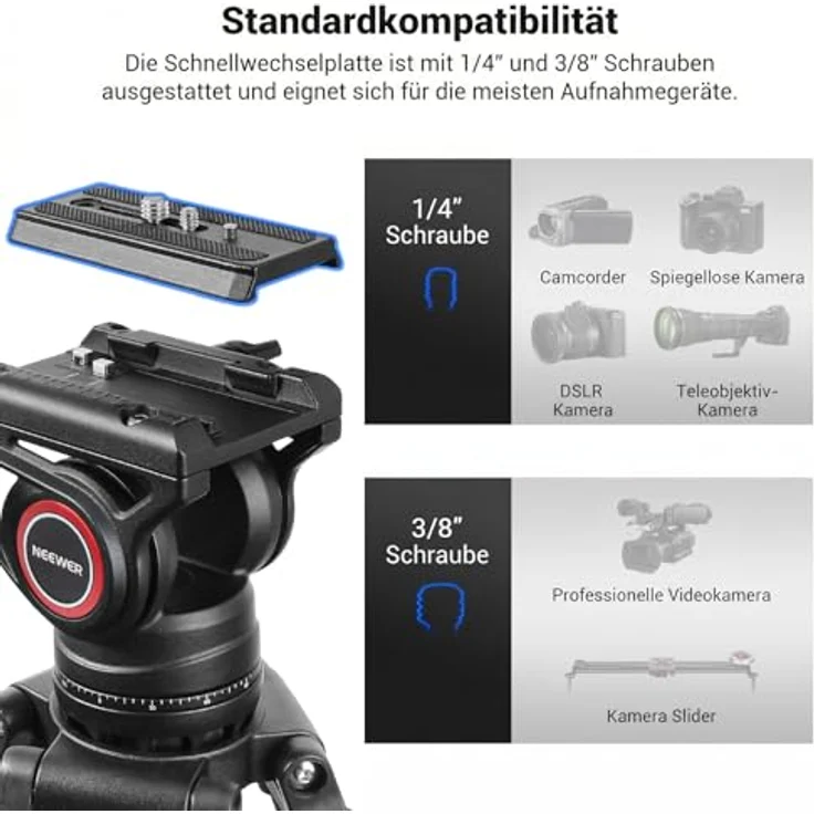 Neewer TP74 Videostativ mit Fluidkopf, QR Platte, höhenverstellbar 86-187 cm, für DSLR Kameras, Tragfähigkeit 8 kg – Bild 5