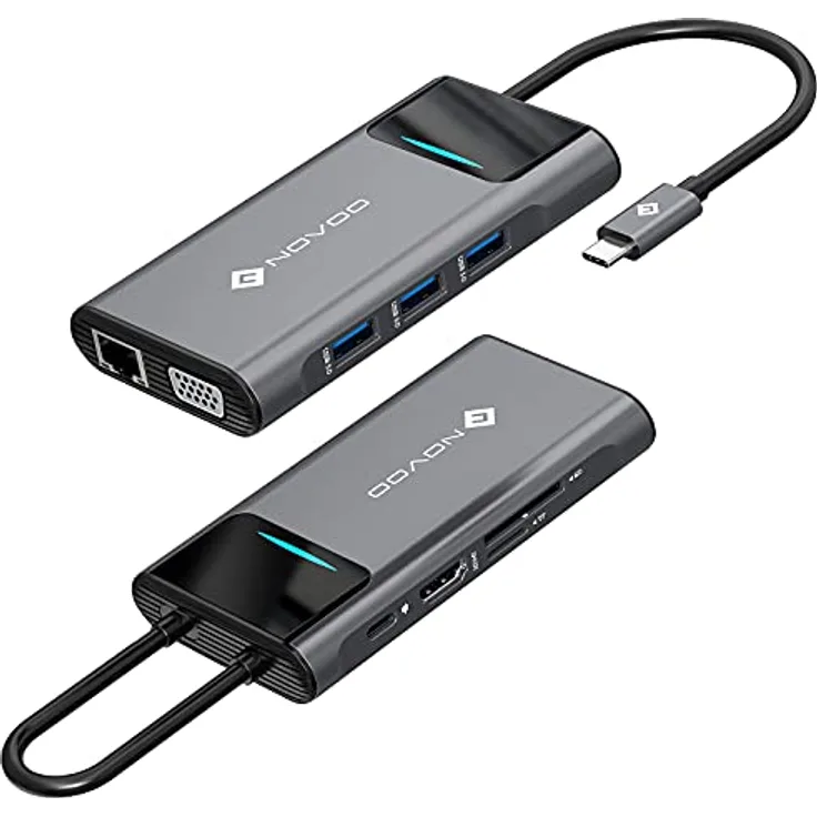 NOVOO 9-in-1 USB C HUB Adapter USB C mit RJ45 Gigabit Ethernet, 4K HDMI, VGA, 100W PD, SD/TF-Kartenleser, 3 Ports USB 3.0, USB C Hub für MacBook Air/Pro, Chromeboo etc