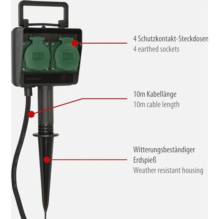 Brennenstuhl Garten-Steckdose - Außensteckdose 4-fach mit Erdspieß (witterungsbeständiger Kunststoff, Steckdose für außen mit wasserfestem Gehäuse, 10m Kabel) schwarz – Bild 2