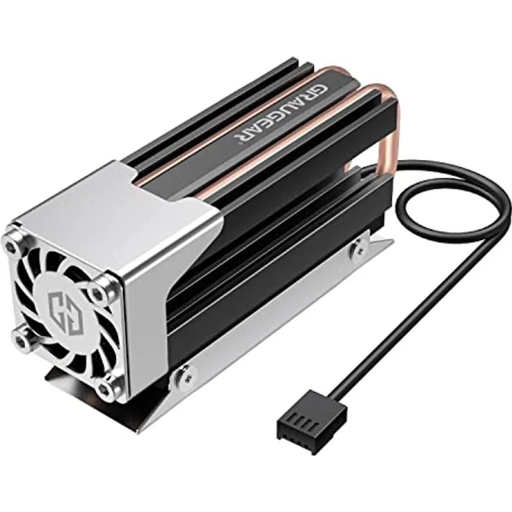 GRAUGEAR | Heatpipe Kühler mit Lüfter | Kühlköper für M.2 NVMe (2280) | aktive | 25mm PWM-Lüfter | geräuscharm | 4xWärmeleitpads | Kupfer-Heatpipe | Aluminium | G-M2HS03-F