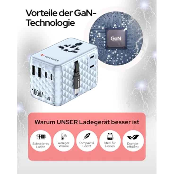 Verbatim Charge 'n' Travel 100W Universaler Reiseadapter, mit einziehbarem USB-C-Kabel, GaN III-Technologie, 7-in-1 Ladefunktion, EU/UK/US/AUS Steckformat – Bild 6