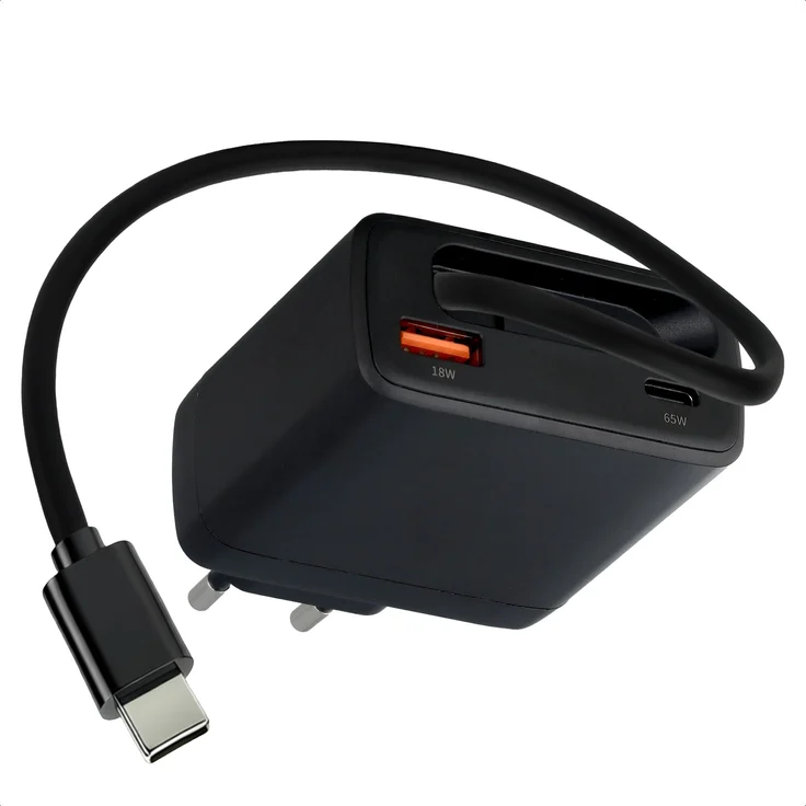 iMoshion GaN-Ladegerät mit ausziehbarem USB-C-Kabel 65W - USB-A + USB-C - Schwarz, ideal für gleichzeitiges Laden mehrerer Geräte