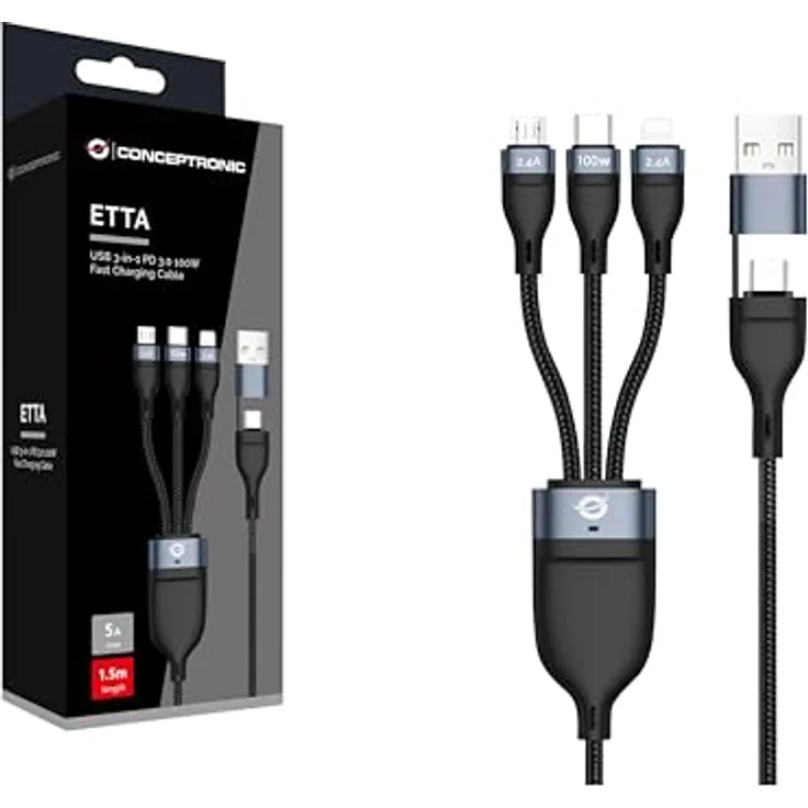 Conceptronic ETTA06B15, 3-in-1 USB-C/A 3.0 Kabel, 1,5 m, 100W Schnellladung, schwarze geflochtene Ummantelung, 480Mbps – Bild 2