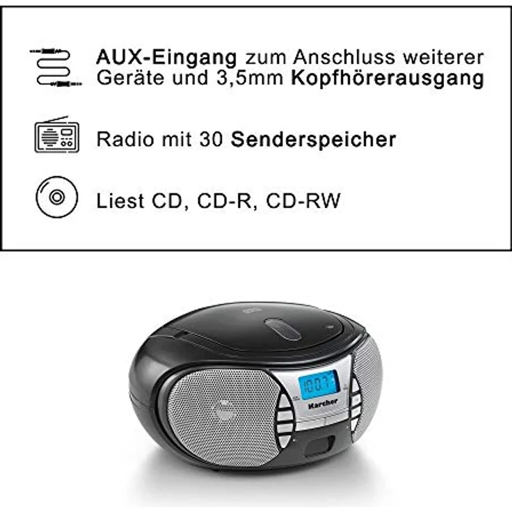 Karcher RR 5025-B tragbares CD Radio (CD-Player, UKW Radio, Batterie-Netzbetrieb, AUX-In) schwarz – Bild 4