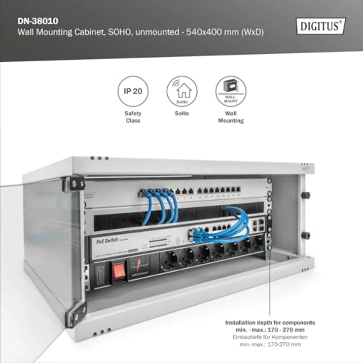 DIGITUS Netzwerkschrank - 19-Zoll Rack 4 HE - Unmontiert - Wandmontage - 400 mm Tiefe - Traglast 60 kg - Glastür - Grau – Bild 5