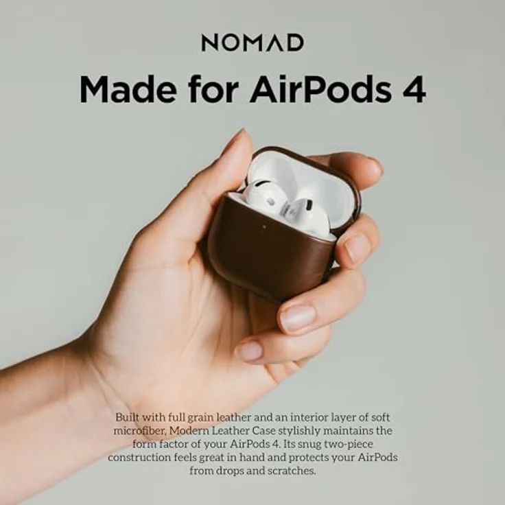 Nomad Modern Leather Case für AirPods 4, zweiteilige Schutzhülle aus hochwertigem Echtleder und Polycarbonat, braun, kabelloses Laden kompatibel – Bild 5