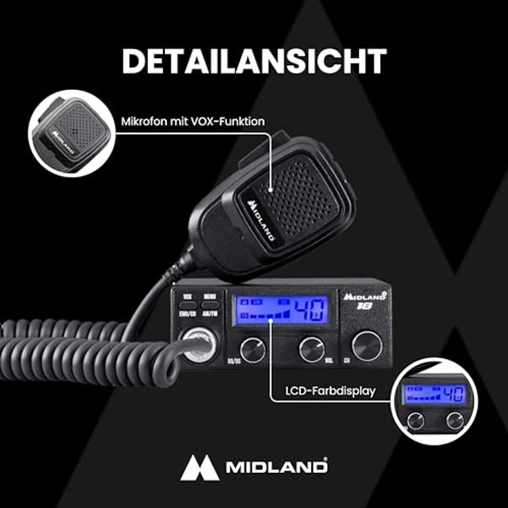 Midland CB-Fahrzeugfunkgerät MIDLAND 18, 4 W Leistung, digitales Rauschsperrensystem, mehrfarbiges Display, Zigarettenanzünderanschluss – Bild 5