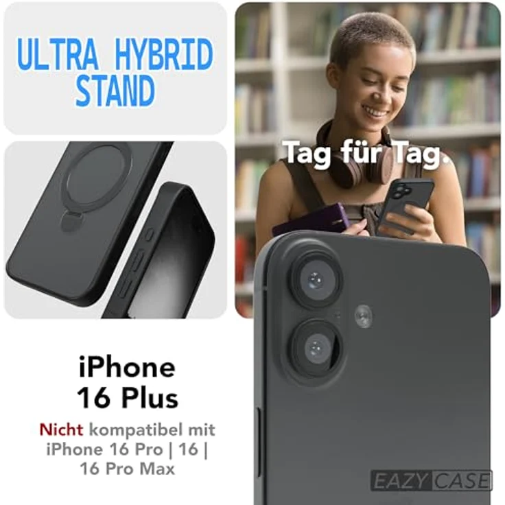 EAZY CASE Qi Charging Handyhülle für iPhone 16 Plus, Matte Schutzhülle mit 360° Ring, ultra stoßfest und kratzfest, schwarz – Bild 2