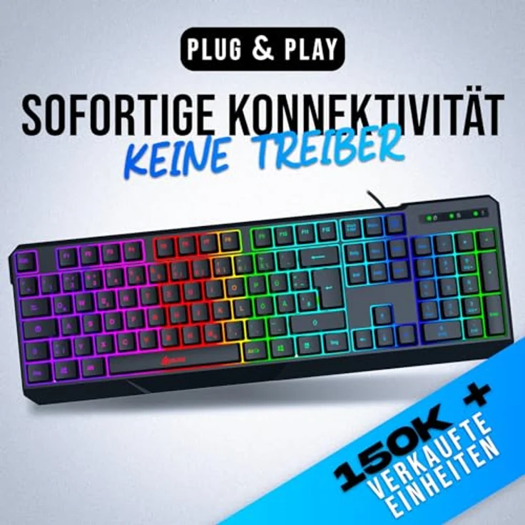 KLIM Chroma Tastatur Gamer QWERTZ DEUTSCHE mit USB Kabel - Hohe Leistung - bunte Beleuchtung Gaming Tastatur ( schwarz ) RGB PC Windows, Mac – Bild 2
