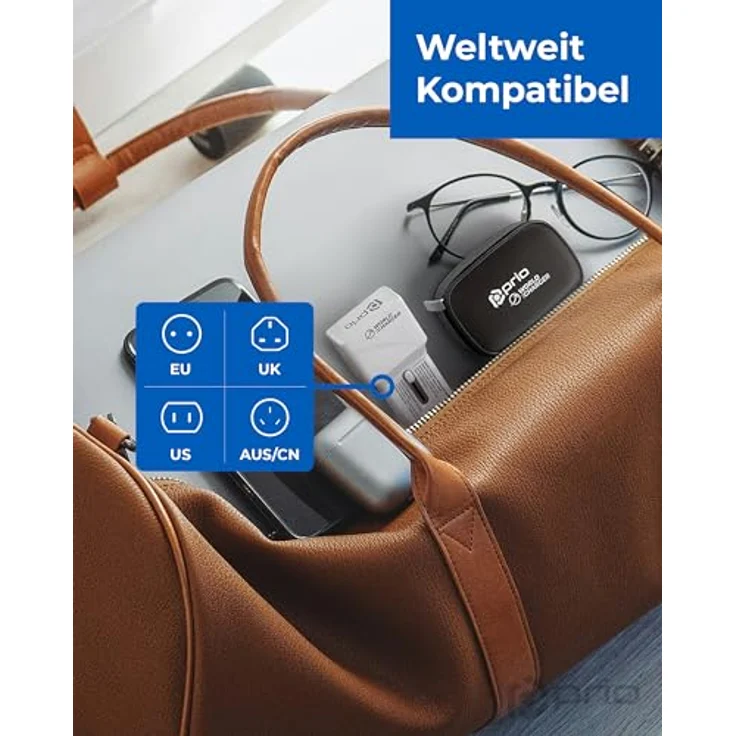 Prio Fast Charge World Reiseladegerät 25W PD PPS (USB C) + QC 3.0 (USB A), weiß, kompatibel in über 220 Ländern, mit Reisetasche – Bild 3