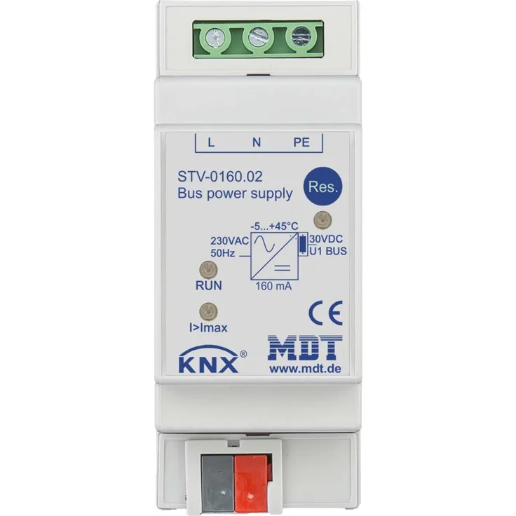 MDT STV-0160.02 Busspannungsversorgung 2TE REG 160mA, KNX-fähig mit integrierter Drossel und LED-Betriebsanzeige