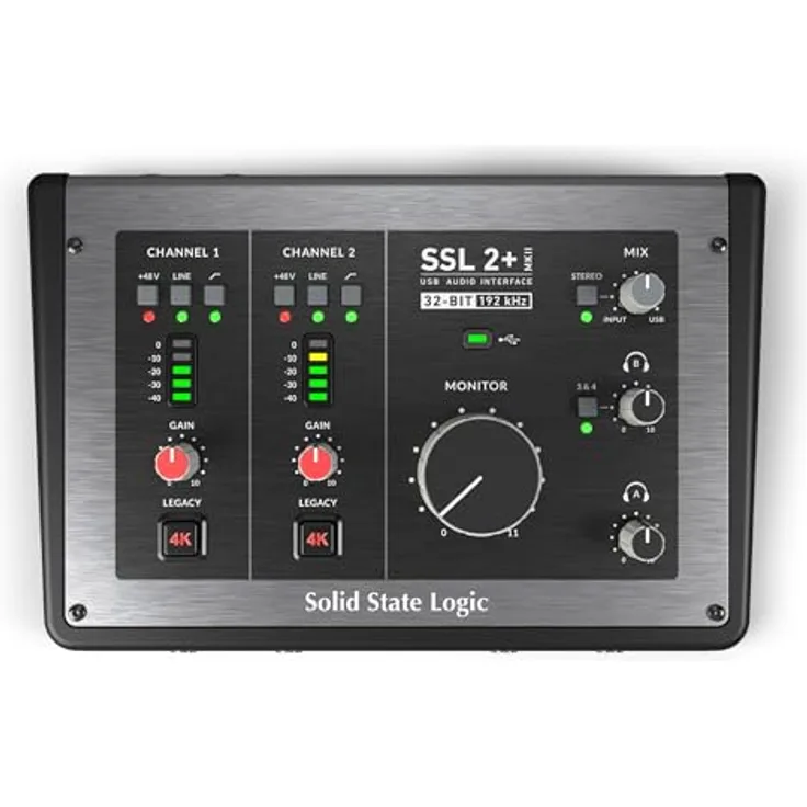 Solid State Logic SSL 2+ MKII, 2x4 USB-Audio-Schnittstelle mit 32 Bit / 192 kHz AD/DA Konvertern, 2 Mikrofonvorverstärkern und umfangreicher Software-Suite