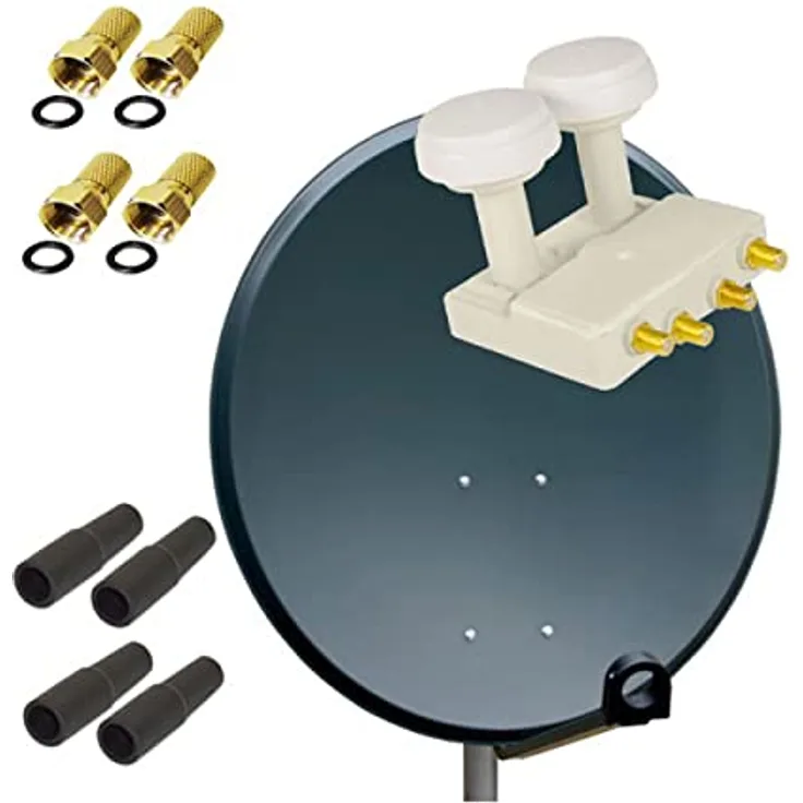 Premium X Satelliten-Komplettanlage 80cm, ALU Antenne mit Quad LNB Monoblock für Astra und Hotbird, HDTV, 3DTV, 4K UltraHD, für 2 SAT bis 4 Teilnehmer