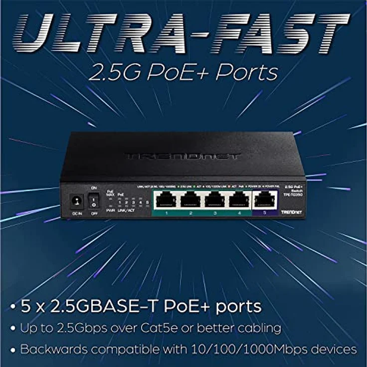 TRENDnet TPE-TG350 5-Port Unmanaged 2.5G PoE+ Switch, Lüfterlos, Kompaktes Desktop-Design, Metallgehäuse, 2.5GBASE-T Ports, IEEE 802.3bz, 55W PoE Budget, Schwarz – Bild 2
