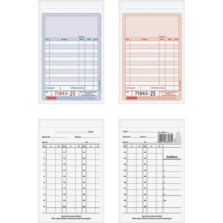 Herlitz Formularblock Kassenblock A6, mit fortlaufenden Nummern und Additionsblatt, blau/rot, 2x 50 Blatt – Bild 1