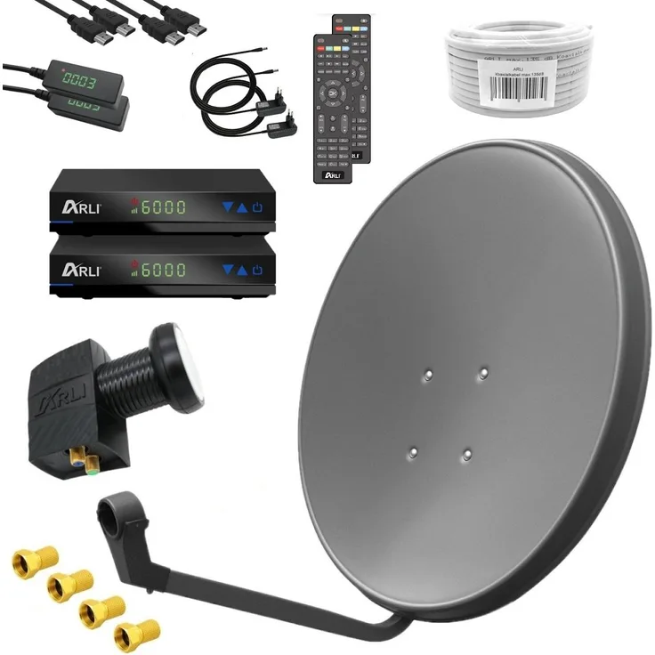 ARLI HD Sat Anlage 60 cm Grau, Komplettset mit 2x Receiver, Twin LNB, 50 m Kabel und F-Stecker für 2 Teilnehmer, DVB-S2 Full HD