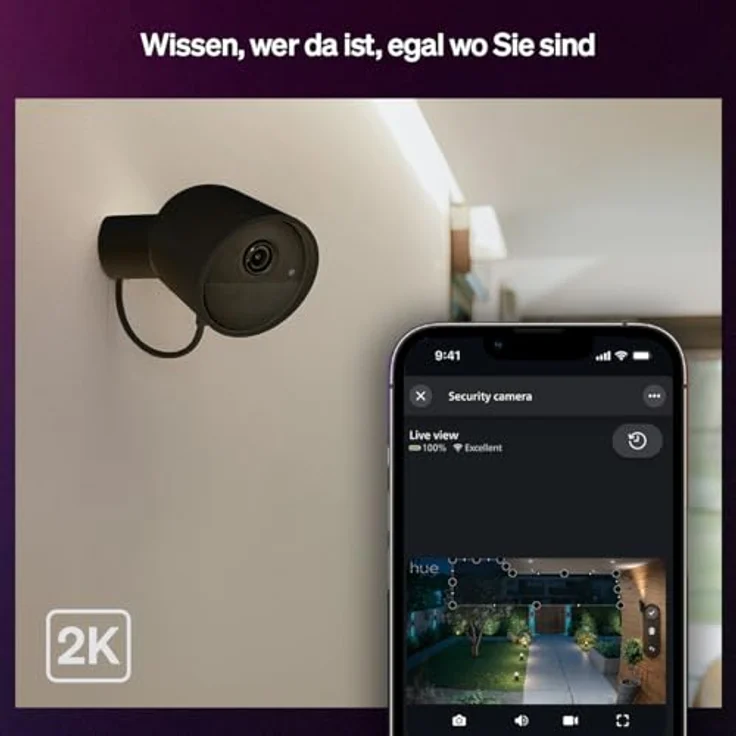 Philips Hue Secure, kabelgebundene Kamera mit 2K-Videoauflösung, Echtzeit-Sofortbenachrichtigungen, nahtloser Integration von Hue Lichtern, kontinuierlicher Stromversorgung, für Innen- und Außenbereich, schwarz – Bild 2