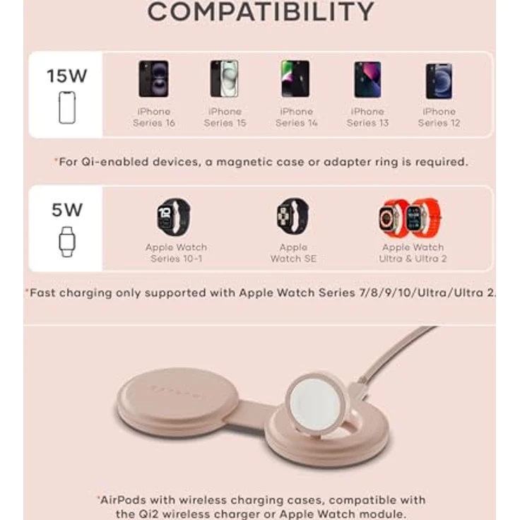 Satechi OntheGo 2-in-1 Wireless Charger mit Qi2 (15 W), faltbares Ladegerät für iPhone und Apple Watch, Rosa – Bild 8