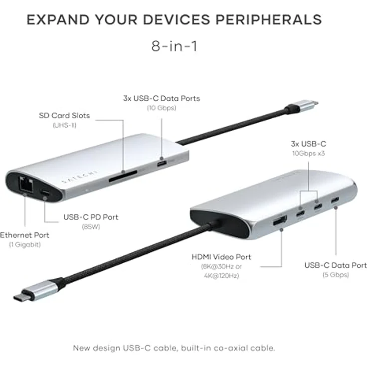 SATECHI USB C Hub Multiport Adapter V3, 8 in 1 USB-C Dongle mit 8K HDMI, 85W USB-C PD Charging, 4 USB-C Datenports, Ethernet, SD-Kartenleser für Mac, Windows – Silber – Bild 4