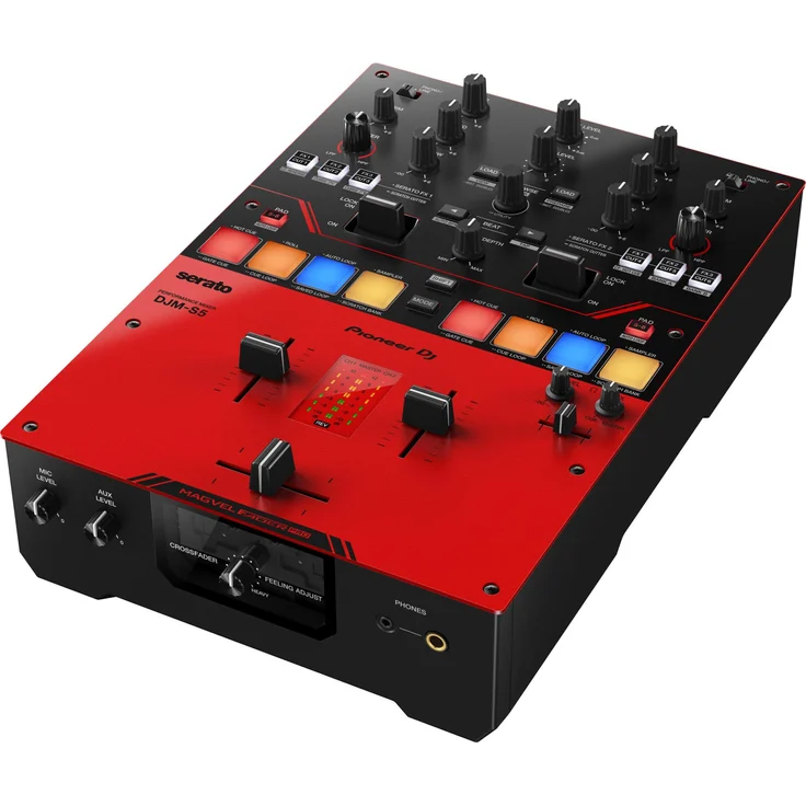 Pioneer DJ DJM-S5 Battlemixer, 2-Kanal Mischpult mit MAGVEL FADER PRO, Effekten und integriertem Audio-Interface, Schwarz, Rot