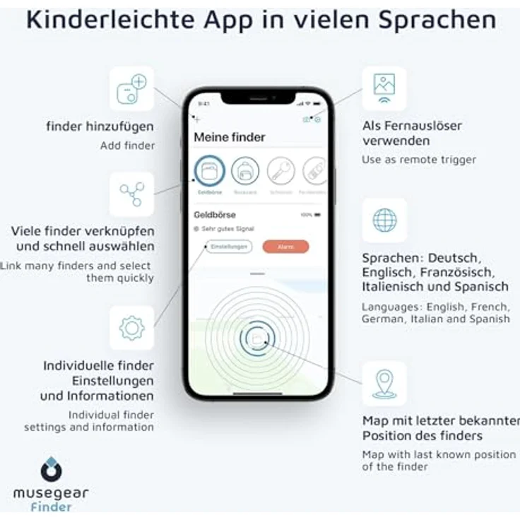 musegear Schlüsselfinder mit Bluetooth App aus Deutschland I Maximaler Datenschutz | dunkelblau 1er Pack I Für iOS & Android I Schlüssel Finden – Bild 3