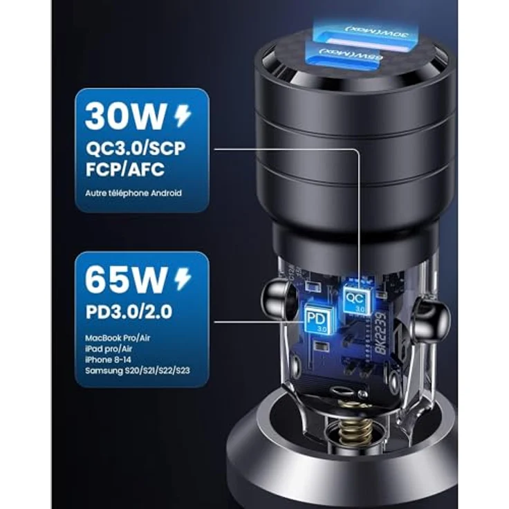Usams Autoladegerät Mini US-CC176 Dualer USB-Anschluss und Typ-C, Schnellladung, 95 W, Transparent / Schwarz – Bild 5