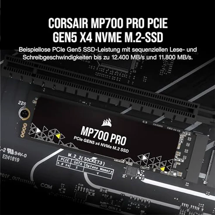 Corsair MP700 PRO 2TB M.2 PCIe Gen5 x4 NVMe 2.0 SSD - M.2 2280 - Bis zu 12.400MB/sec Sequentielles Lesen - High-Density TLC NAND - Schwarz – Bild 2
