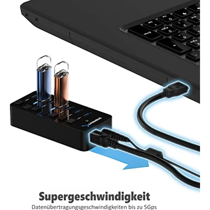 SABRENT USB Hub aktiv 3.2 gen1, mit netzteil 36W 7port, USB Adapter mehrfach Verlängerung, USB Verteiler, Powered USB hub, langes Kabel mit EIN/AUS-schaltern, für PS5, PC, Laptop, MacBook (HB-BUP7) – Bild 4