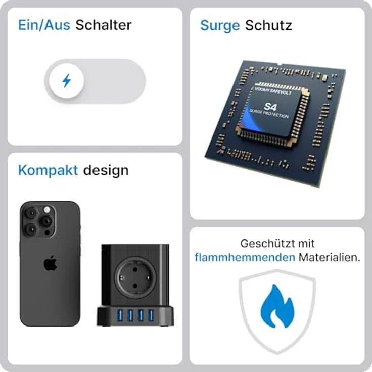 Voomy Power S5 Mehrfachsteckdose mit 4 USB, 5 Steckdosen und Schalter, Schwarz – Bild 6