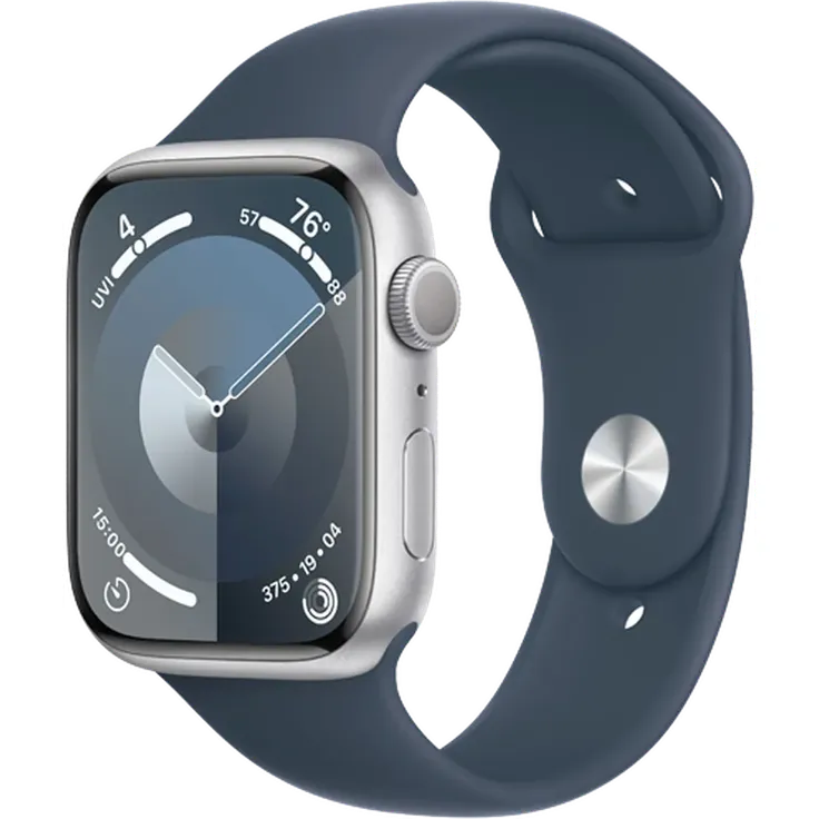 Apple Watch Series 9 GPS, 45 mm Aluminiumgehäuse Silber, Sportarmband Sturmblau – S/M – Bild 1