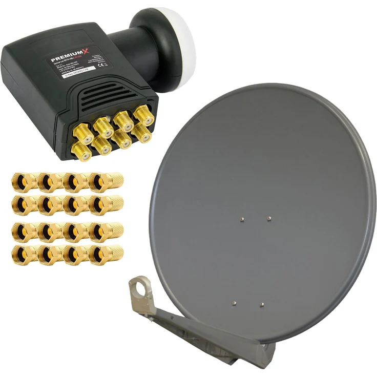 PremiumX DELUXE85 Satellitenantenne 85 cm Aluminium Anthrazit, Offset Antenne mit Octo LNB, HDTV 4K, hoher Gewinn von 38,8 dB