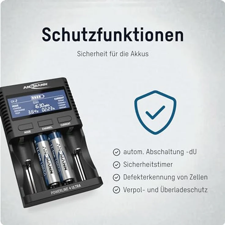 ANSMANN Akku-Ladegerät für AA-AAA-C-D NiMH Akkus & Li-Ion 18650-26650 Batterieladegerät mit 4 Ladeprogrammen: Laden, Entladen, Testen, Schnellladen + USB - Powerline 4 Ultra Akkupflegestation – Bild 5