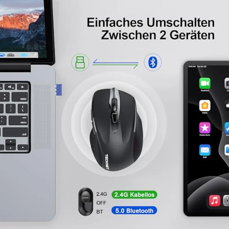 TECKNET Bluetooth Maus, Ergonomische kabellose Maus mit 4800 DPI, Tri-Modi: BT 5.0/3.0+2.4G, 30 Monate Batterielaufzeit, leise Funkmaus für Windows, Mac OS, Android – Bild 2