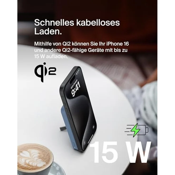 Belkin BoostCharge Pro 5000mAh kabellose Powerbank mit Qi2 und MagSafe, tragbares Ladegerät mit integriertem Ständer für iPhone 16, 15, 14, 13, 12 – Blau – Bild 2