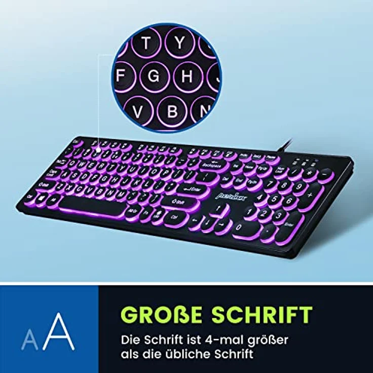 Perixx PERIBOARD-317R Kabelgebundene USB-Tastatur mit Hintergrundbeleuchtung – Großbuchstaben – dreifarbig beleuchtete LED – stilvolle runde Tastenkappen – DE QWERTZ-Layout, schwarz – Bild 2