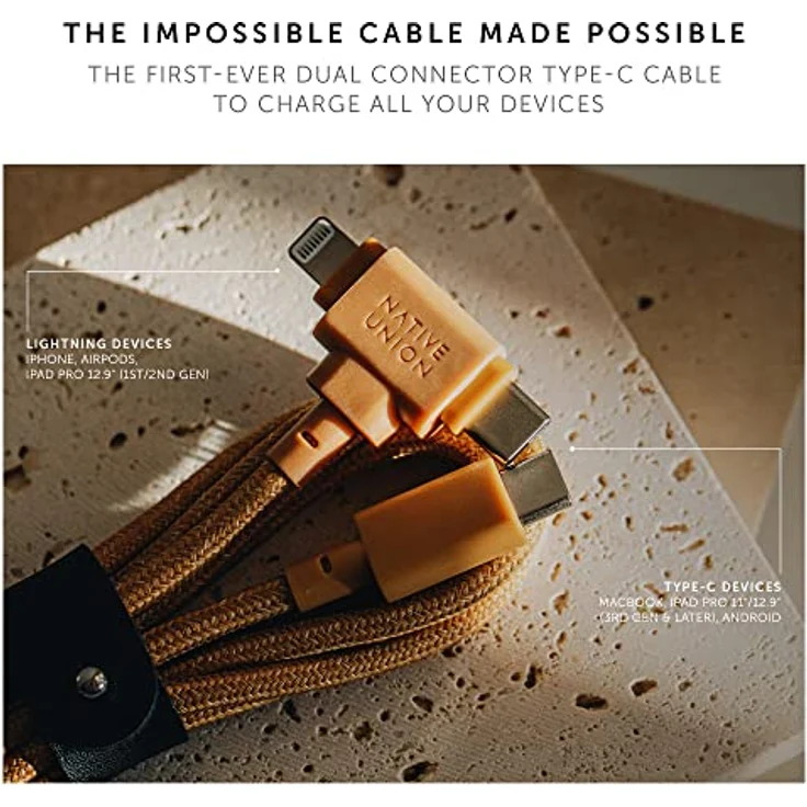 Native Union Belt Cable Duo – 1,5 m Universal-Ladekabel mit Ultra-Starkem Geflechtschlauch – Aus Recyceltem Material – 2-in-1 MFi-zertifizierte Stecker für Lightning- & Type-C-Geräte (Kraft) – Bild 2