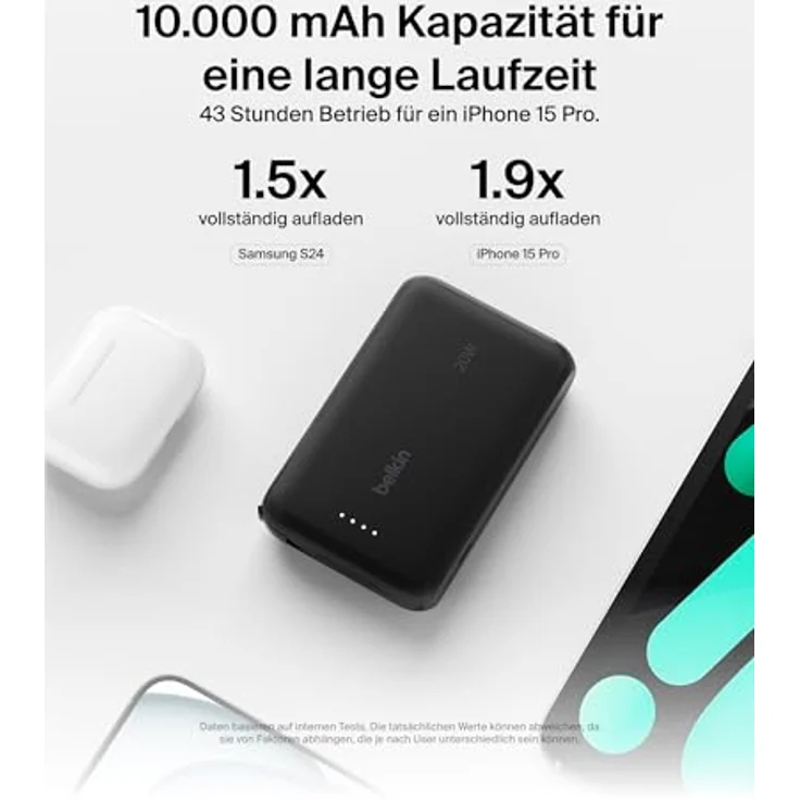 Belkin BoostCharge Power Bank, Portable Powerbank 10000mAh mit integriertem Kabel, PD 20 W – USB-C Power Delivery, für iPhone 16-Serie, iPad Pro und Galaxy S24, in Schwarz – Bild 4