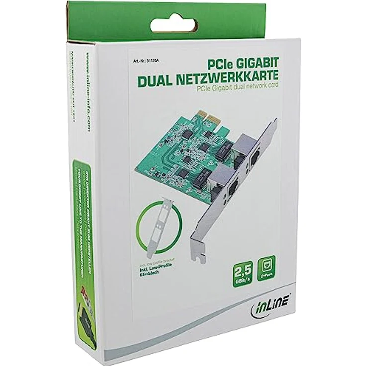 InLine Dual Gigabit Netzwerkkarte, 2X RJ45 2.5GBit/s, PCIe x1, inkl. Low Profile Slotblech, Realtek RTL8125B Chipsatz, IEEE 802.3x Flusskontrolle – Bild 2