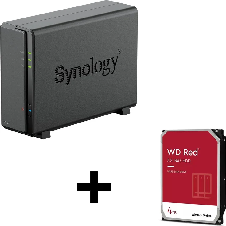Synology DiskStation DS124, 1 Einschub NAS-Server Leergehäuse mit 1x WD Red 4TB HDD, Hot-Swapping, Schwarz