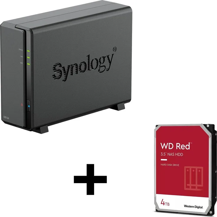Synology DiskStation DS124, 1 Einschub NAS-Server Leergehäuse mit 1x WD Red 4TB HDD, Hot-Swapping, Schwarz