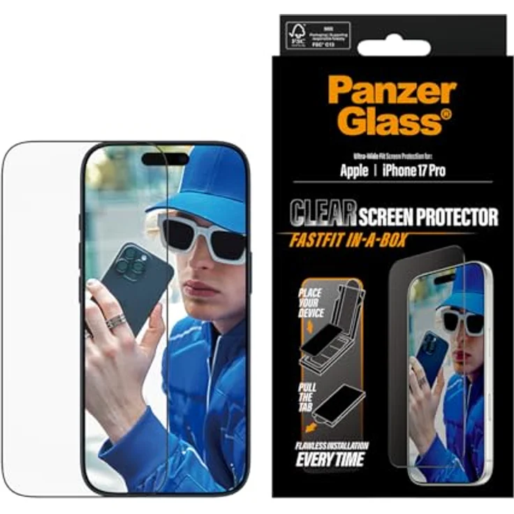 PanzerGlass Ultra Wide Fit, Smartphone Schutzfolie für Apple iPhone 17, transparent, bruchsicher, kabelloses Laden, aus recyceltem Kunststoff – Bild 1